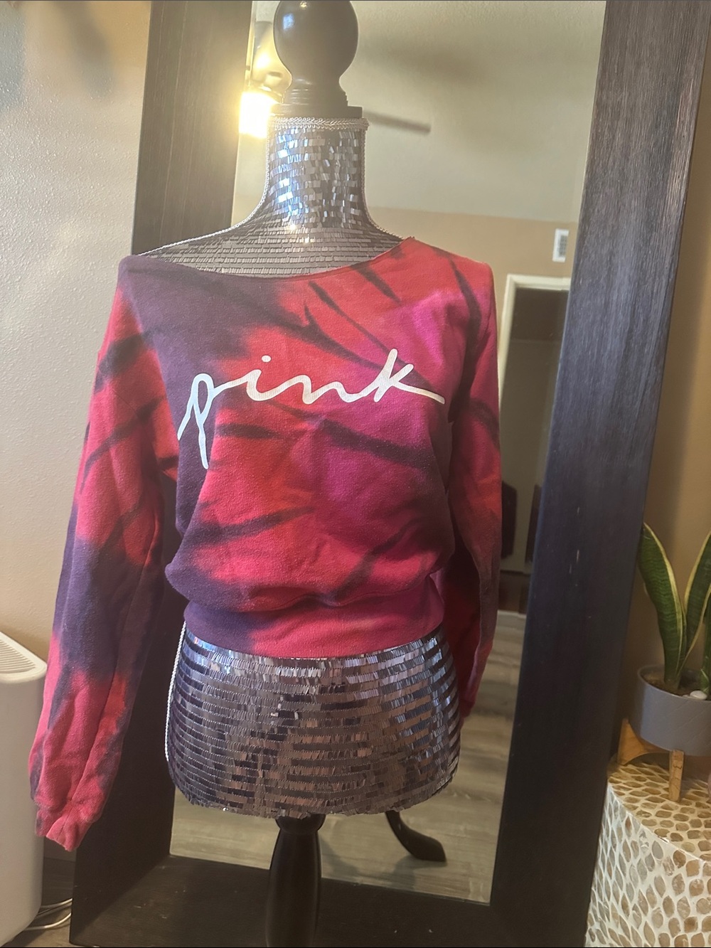 PINK Victoria's Secret Red and Purple Tie-Dye Off-Shoulder Sweatshirt